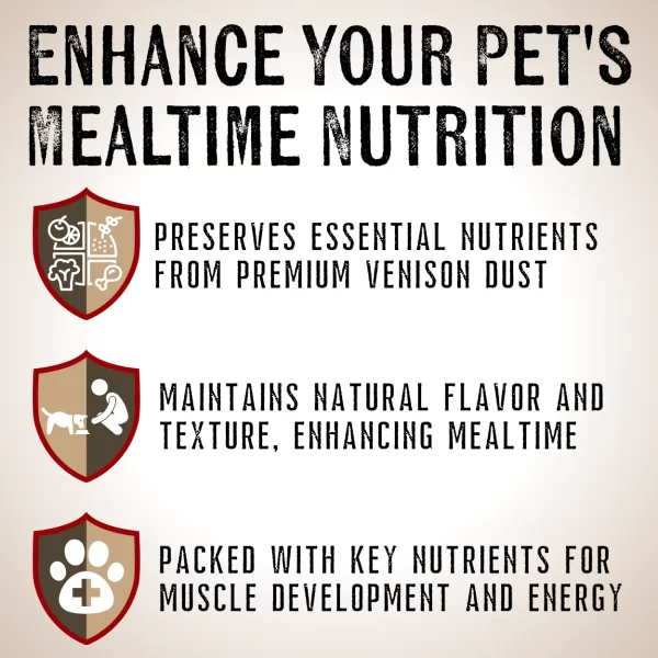 Illustration with a heading 'Enhance your pet's mealtime nutrition' featuring three shields. The first shield shows a graph on healthy food with the heading 'Preserves essential nutrients from premium venison dust.' The second shield depicts a person feeding a small dog from a bowl with the heading 'Maintains natural flavor and texture, enhancing mealtime.' The third shield has a dog paw with a medical cross, and the heading 'Packed with key nutrients for muscle development and energy.