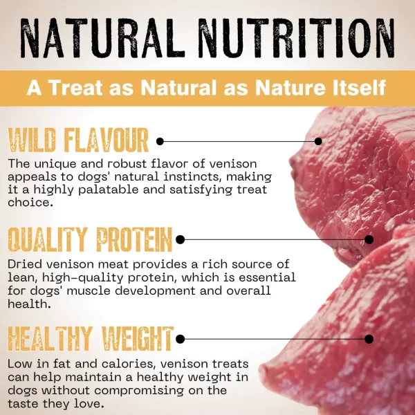 A image with venison meat and descriptions of the benifits of using venison meat.