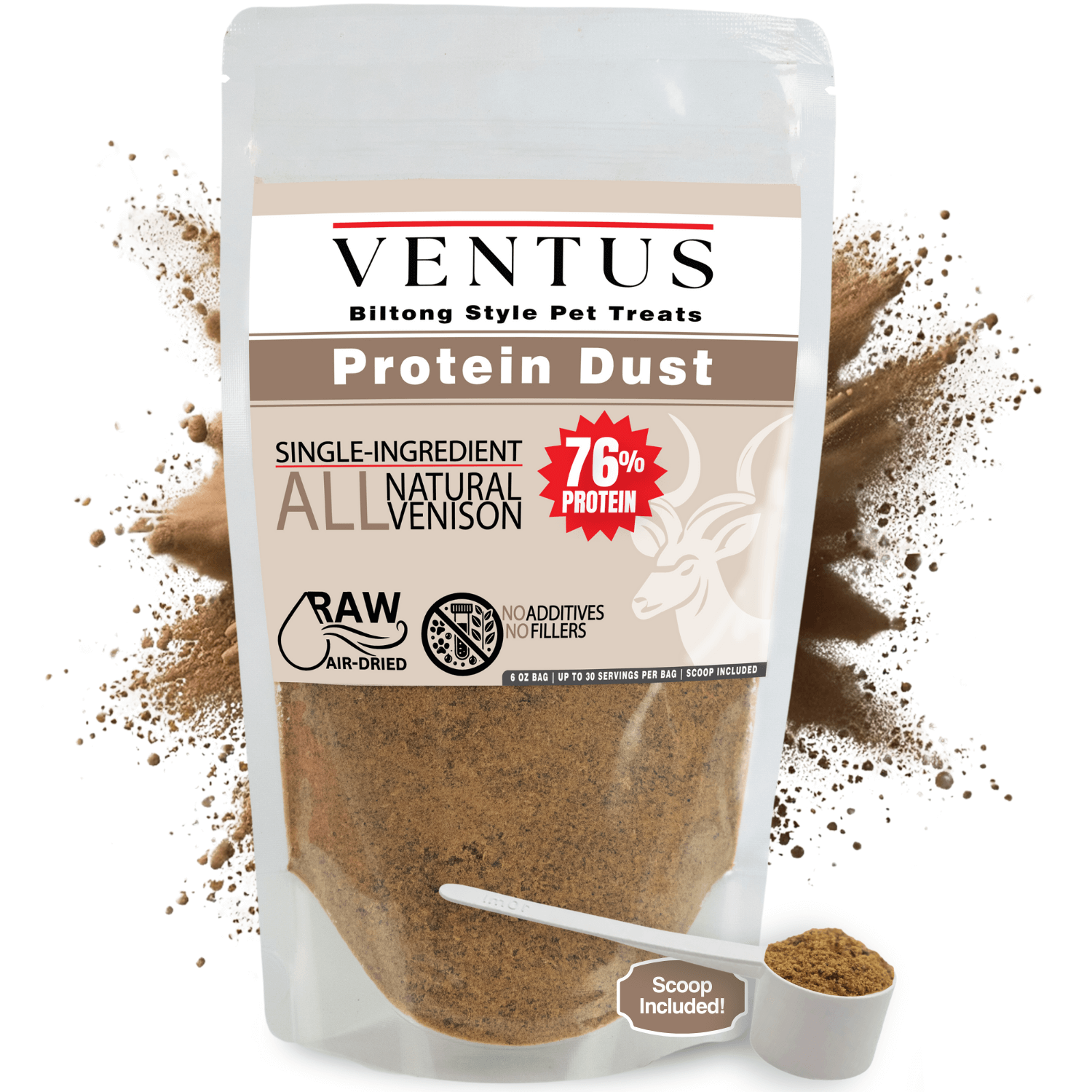 Front view of Ventus Protein Dust packaging with 76% protein content highlighted.