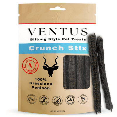 Front view of Ventus Crunch Stix packaging displaying "100% Grassland Venison," high-protein content (76g per 100g), and natural air-dried quality.